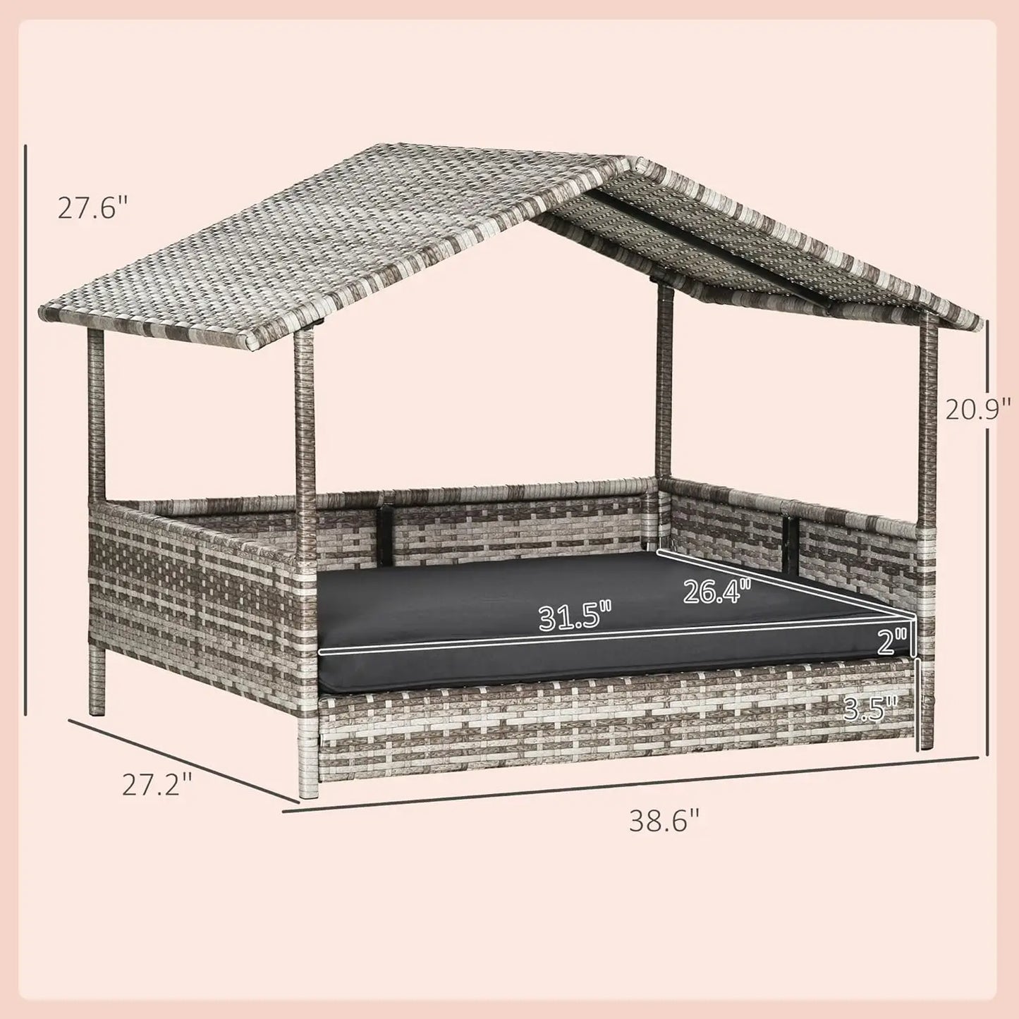 Wicker Dog House Outdoor with Canopy, Rattan Dog Bed with Water-Resistant Cushion, Raised Dog Bed for Small, Medium Dogs