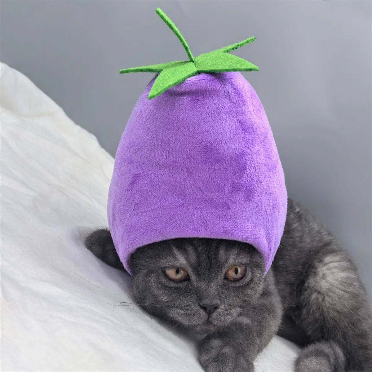 Cute Pet Costume Headwear with Soft Plush Cat Banana Eggplant Hats and Hook and Loop Closure for Adorable Look