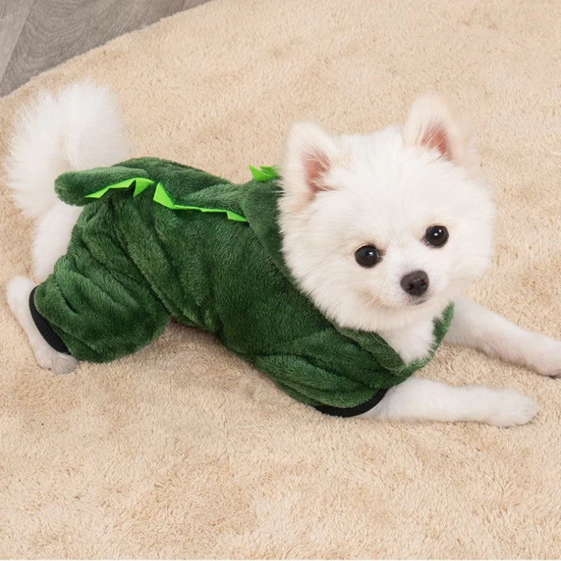 Dinosaur Costume Thermal Outfit for Small Dogs: 4-Leg Warm Jumpsuit with Hood for Pets - Cute & Cozy Winter Pet Clothing