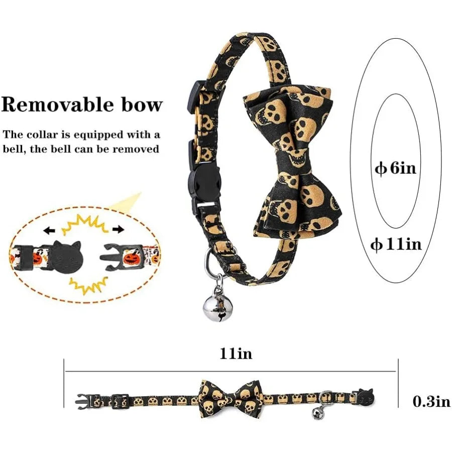 Skull Cat Collar with Bell Adjustable Breakaway Cat Bowtie Collor 7.810.2 Cute Elastic Strap for Kittens Cats and Small Puppies