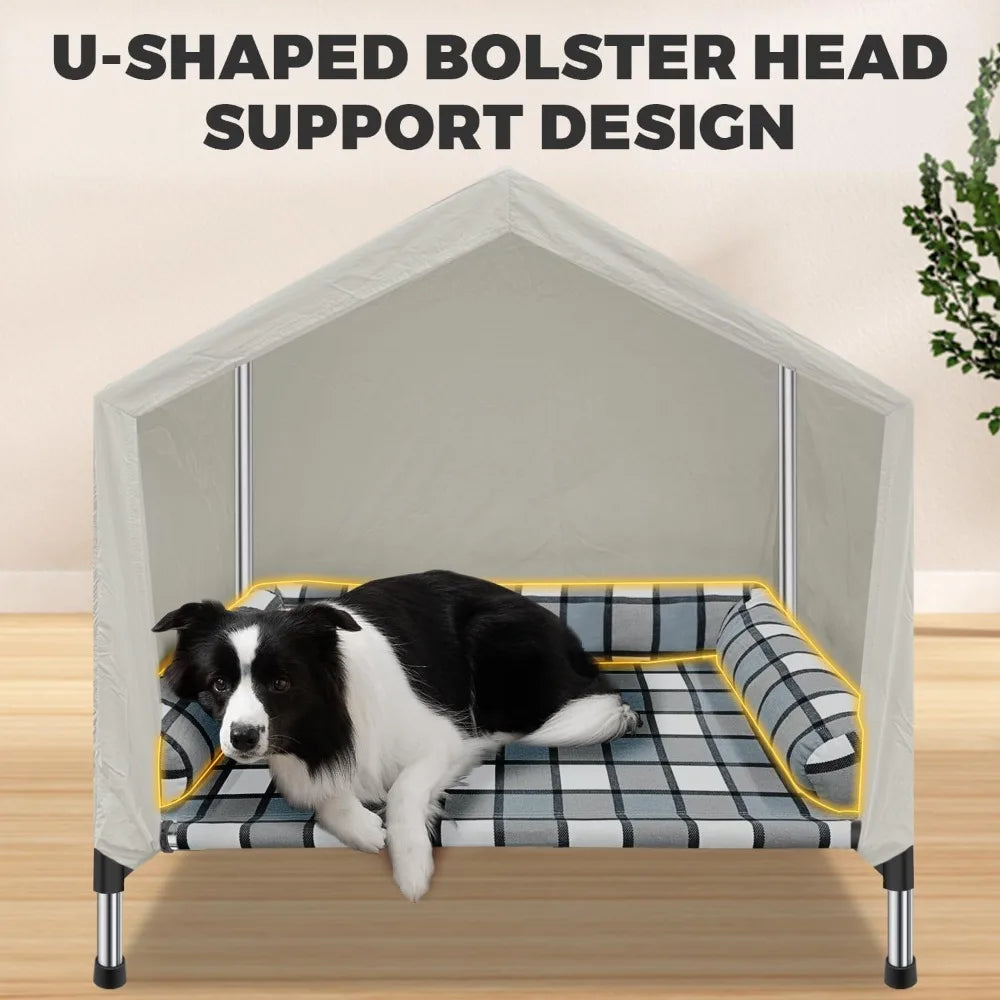 Dog Pet Bed House - Weatherproof 2-in-1 Indoor Outdoor Pet Cot with Canopy Cooling Portable Raised Dog Bed with Pillow