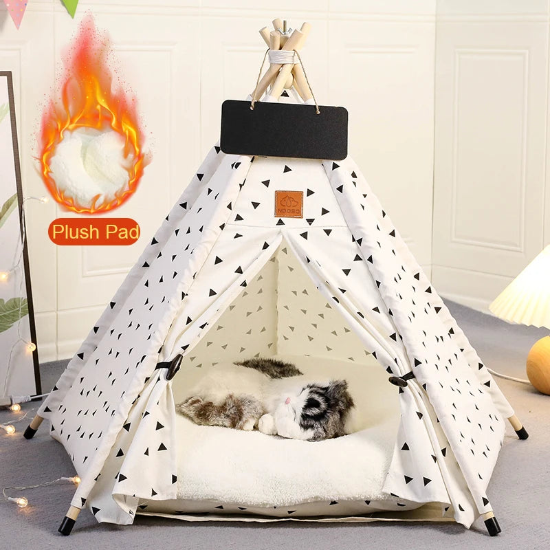 Winter Pet Teepee Tent w/ Dual-Sided Cushion, Warm Plush Side, Anti-Slip Base, Stabilizers, Fully Washable - Ideal for Dogs cats