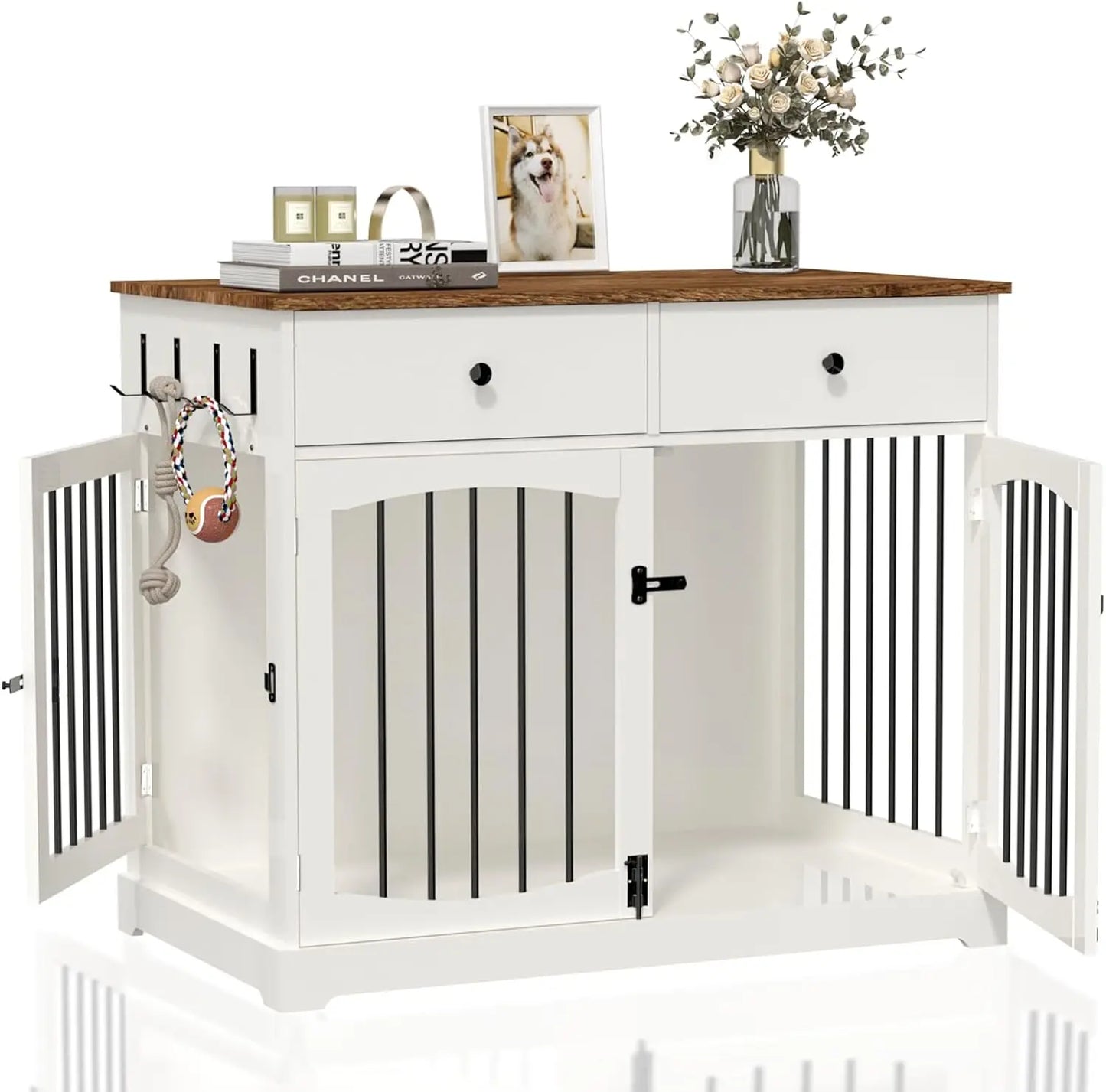 Dog Crate Furniture-Farmhouse Dog Kennel with Drawers-End Table Wooden Pet Crate, Double Door Design,Decorative Dog House Indoor