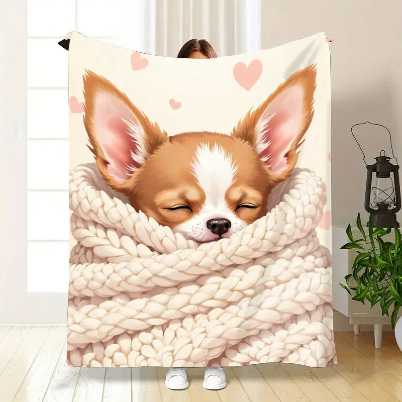 1pc Flannel Blanket Cute Chihuahua in Knit Blanket Cozy Throw for Home Decor