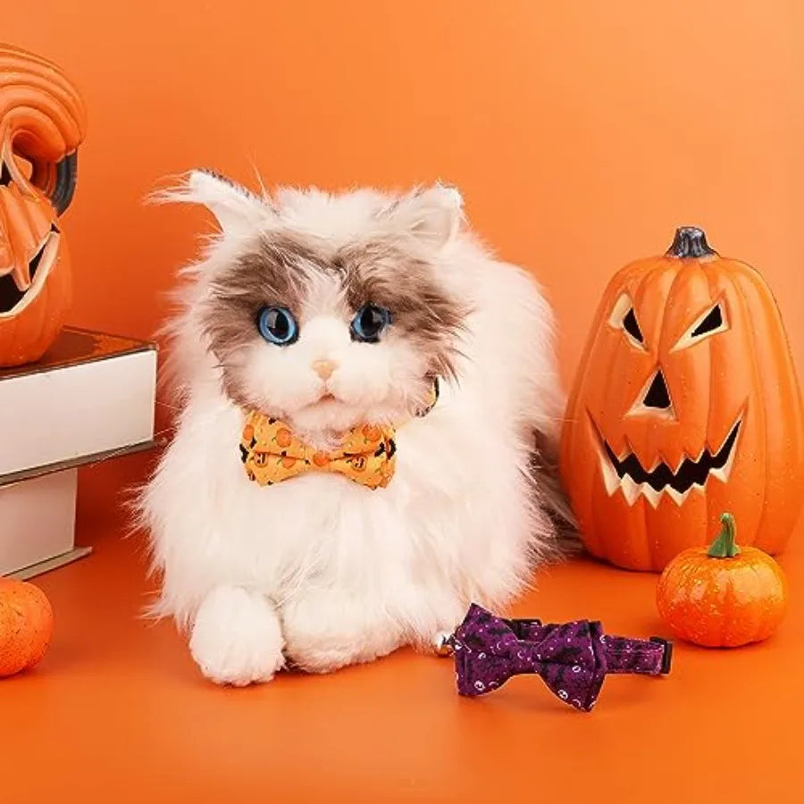 2pcs Halloweedjustable Cat Collar with Bow Printed Pumpkin Bats Pattern Breakaway with Silver Bell Cute Collar for Kitten Puppy