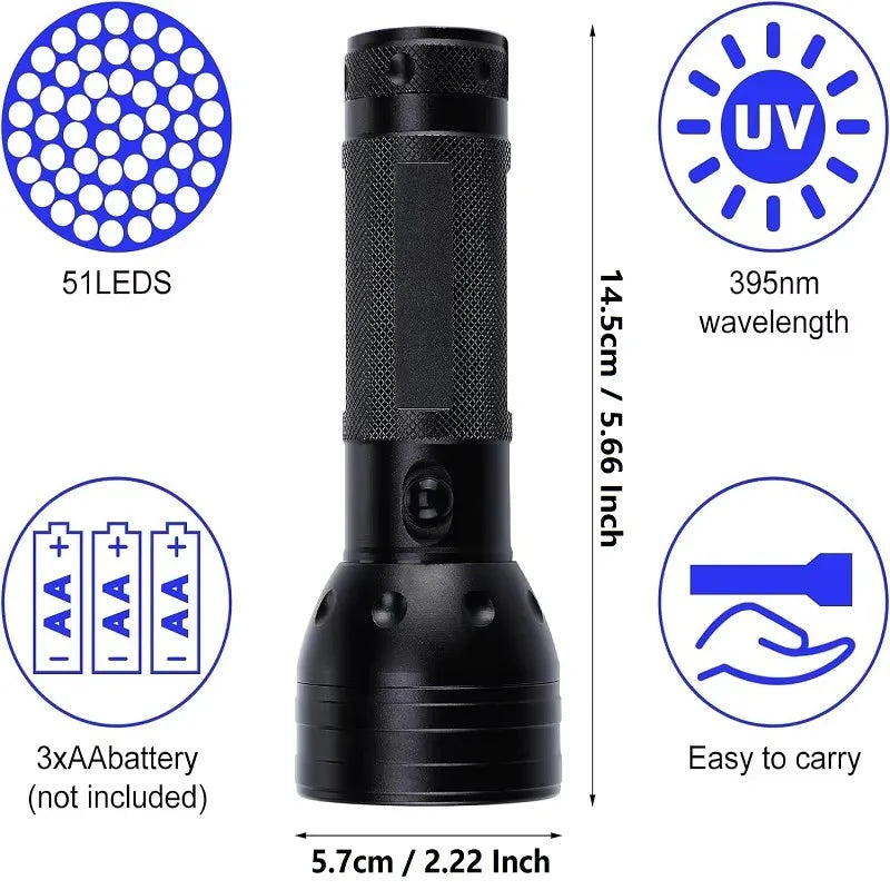 51 LED UV Flashlight Black Light - Portable flashlight for detecting pet urine, scorpions, and human body painting