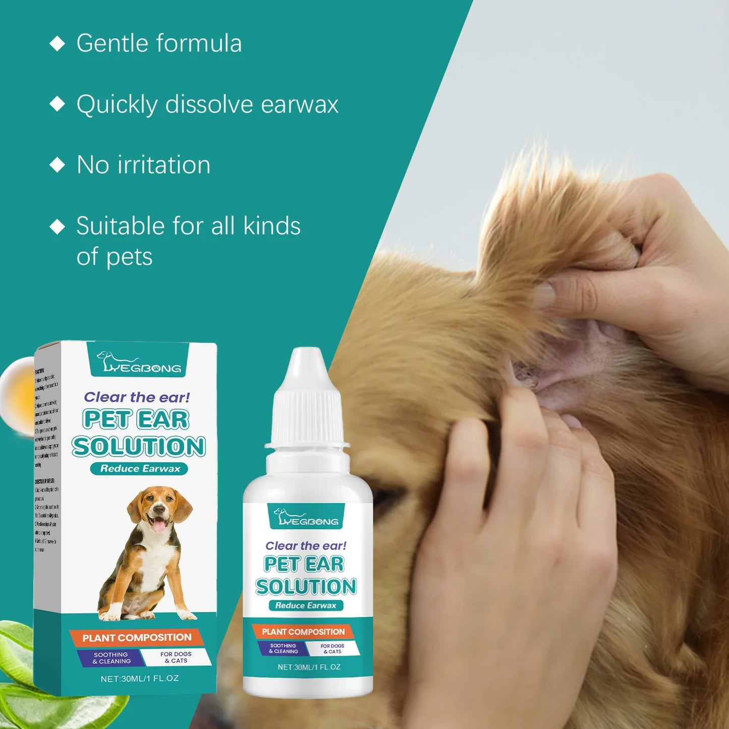 Yegbong 30ml Pet Ear Cleaner Drops Ear Mite Remove Relieve Itching Cleaning Earwax Buildup Nourish Dog Cat Ear Deodorant Drops