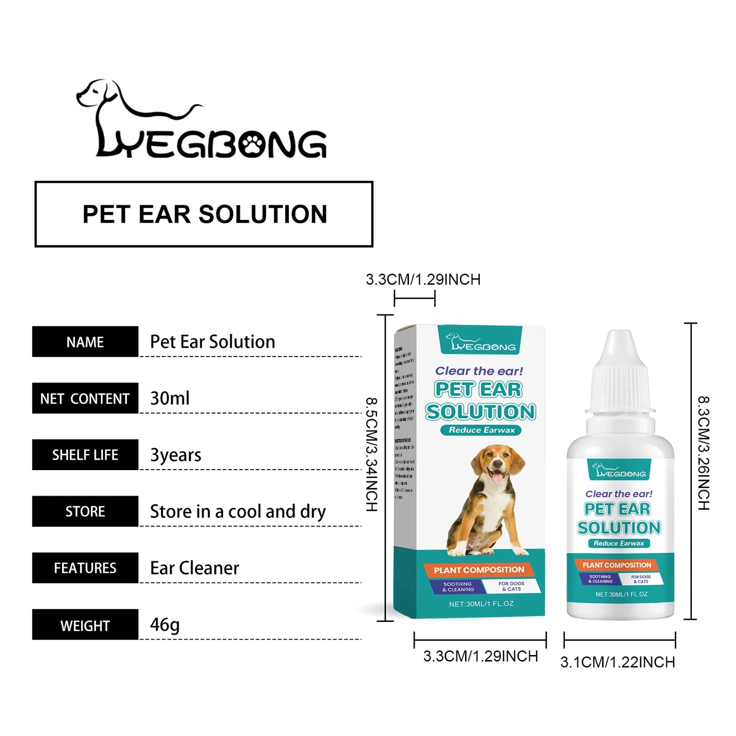 Yegbong 30ml Pet Ear Cleaner Drops Ear Mite Remove Relieve Itching Cleaning Earwax Buildup Nourish Dog Cat Ear Deodorant Drops