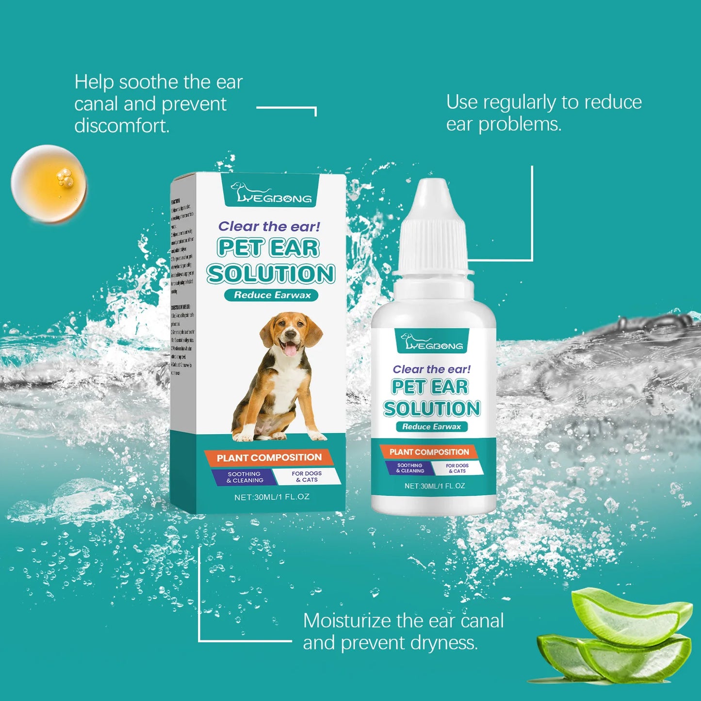 Yegbong 30ml Pet Ear Cleaner Drops Ear Mite Remove Relieve Itching Cleaning Earwax Buildup Nourish Dog Cat Ear Deodorant Drops