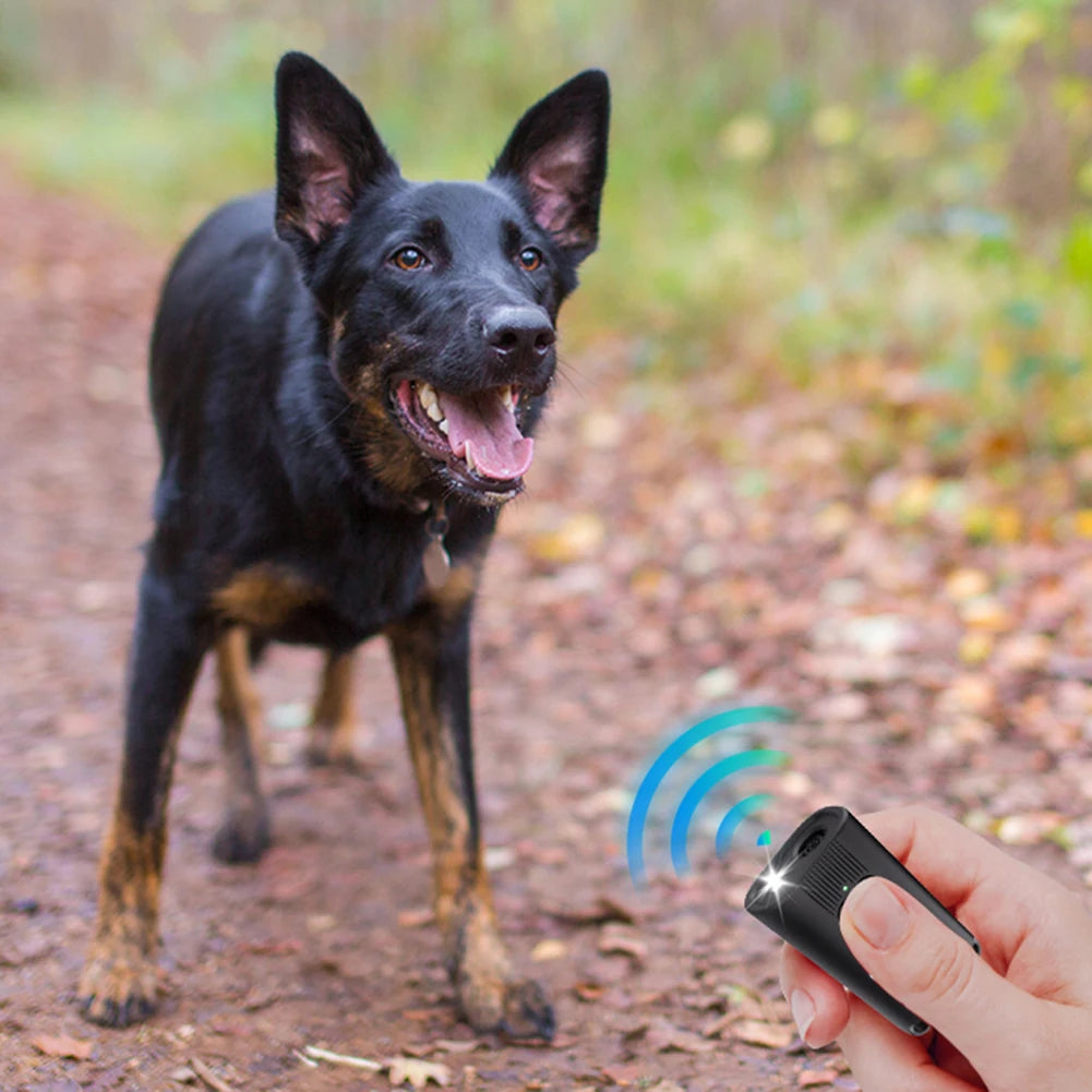 Ultrasonic Dog Bark Deterrent Device Long Range Rechargeable Pet Dog Repeller with LED Flashlight Dog Chaser for All Size Dogs