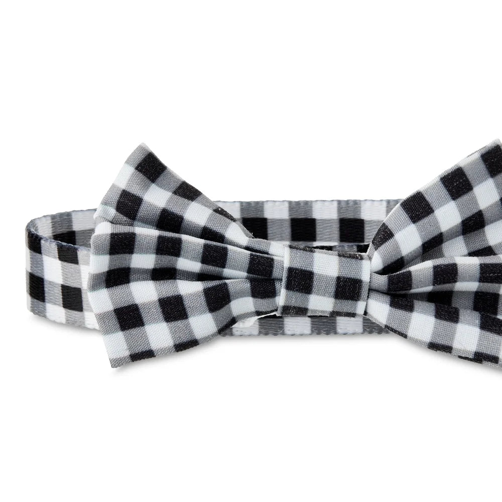 Gingham Bow Tie Dog Collar Adjustable Medium Size Stylish Pet Accessory with Metal D-Ring Leash Attachment