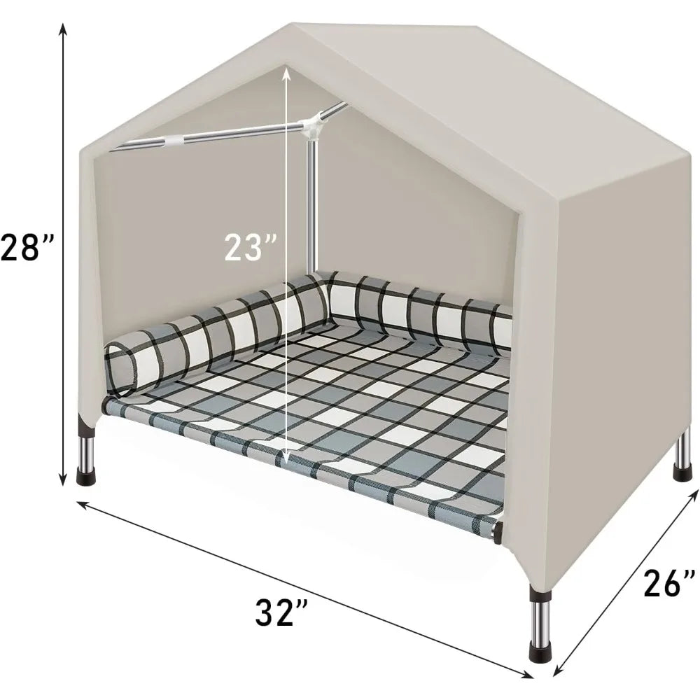 Dog Pet Bed House - Weatherproof 2-in-1 Indoor Outdoor Pet Cot with Canopy Cooling Portable Raised Dog Bed with Pillow