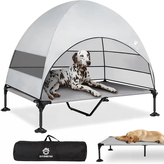 Elevated Dog Bed with Upgraded Canopy, Raised Outdoor Dog Tent with Powerful Anti-Slip Feet, Portable Pet Cot with Larger Shade,
