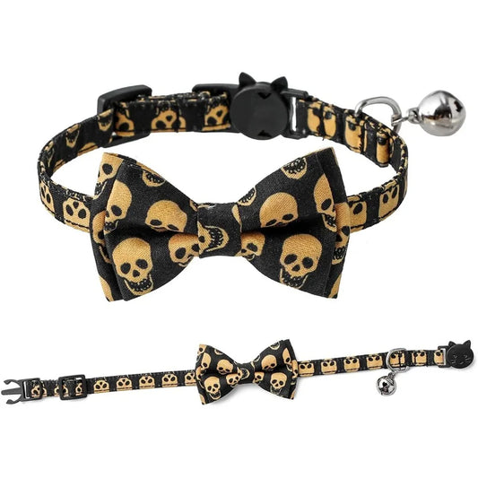Skull Cat Collar with Bell Adjustable Breakaway Cat Bowtie Collor 7.810.2 Cute Elastic Strap for Kittens Cats and Small Puppies