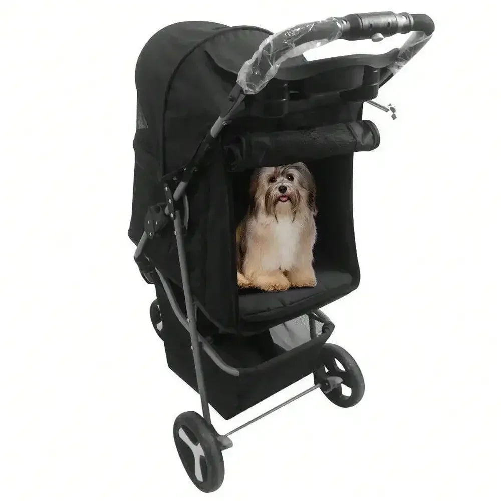 Foldable Pet Stroller 3 Wheels for Dogs Strolling Cart Carrier W/Storage Basket