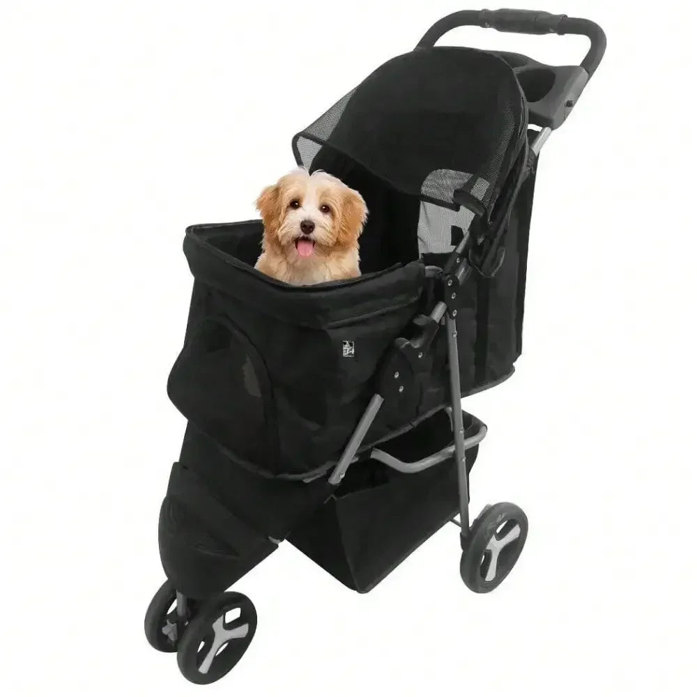Foldable Pet Stroller 3 Wheels for Dogs Strolling Cart Carrier W/Storage Basket