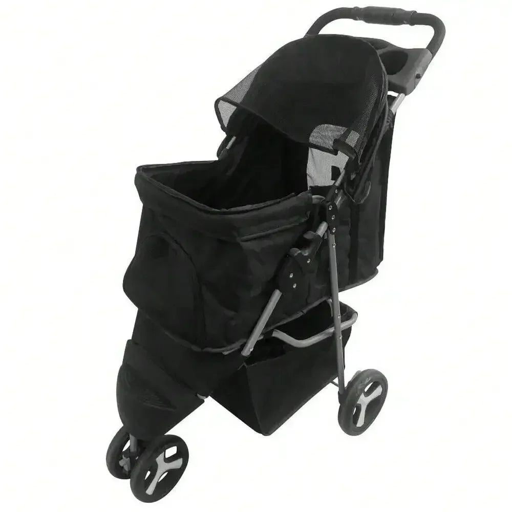 Foldable Pet Stroller 3 Wheels for Dogs Strolling Cart Carrier W/Storage Basket