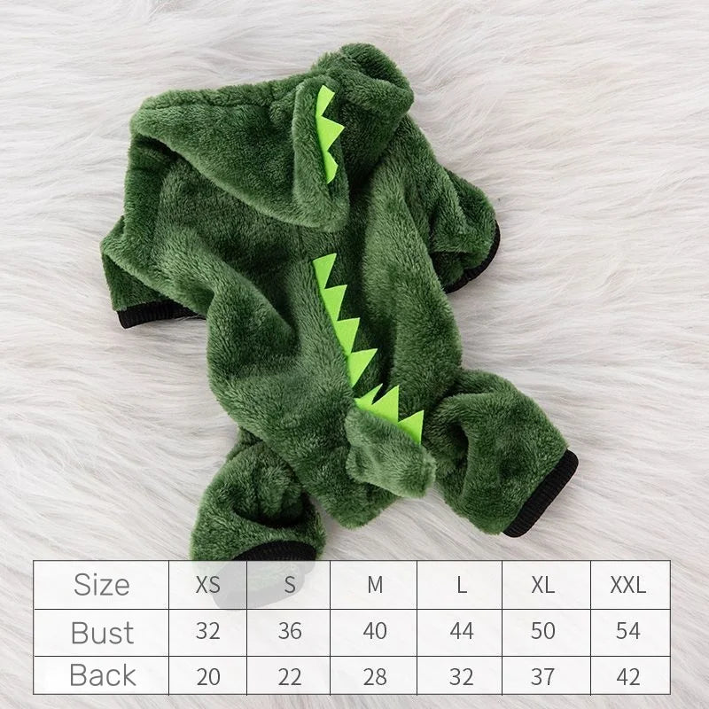 Dinosaur Costume Thermal Outfit for Small Dogs: 4-Leg Warm Jumpsuit with Hood for Pets - Cute & Cozy Winter Pet Clothing