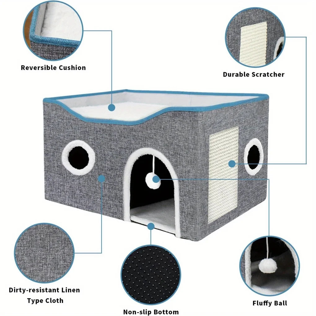 Extra-Wide Cat House for Indoor Cats - Large Cat Cave for Pet Cat House with Fluffy Ball Hanging and Scratch Pad, Foldable Cat