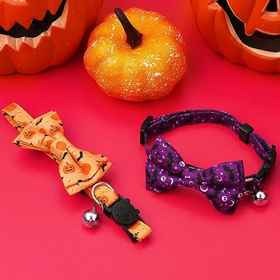 2pcs Halloweedjustable Cat Collar with Bow Printed Pumpkin Bats Pattern Breakaway with Silver Bell Cute Collar for Kitten Puppy