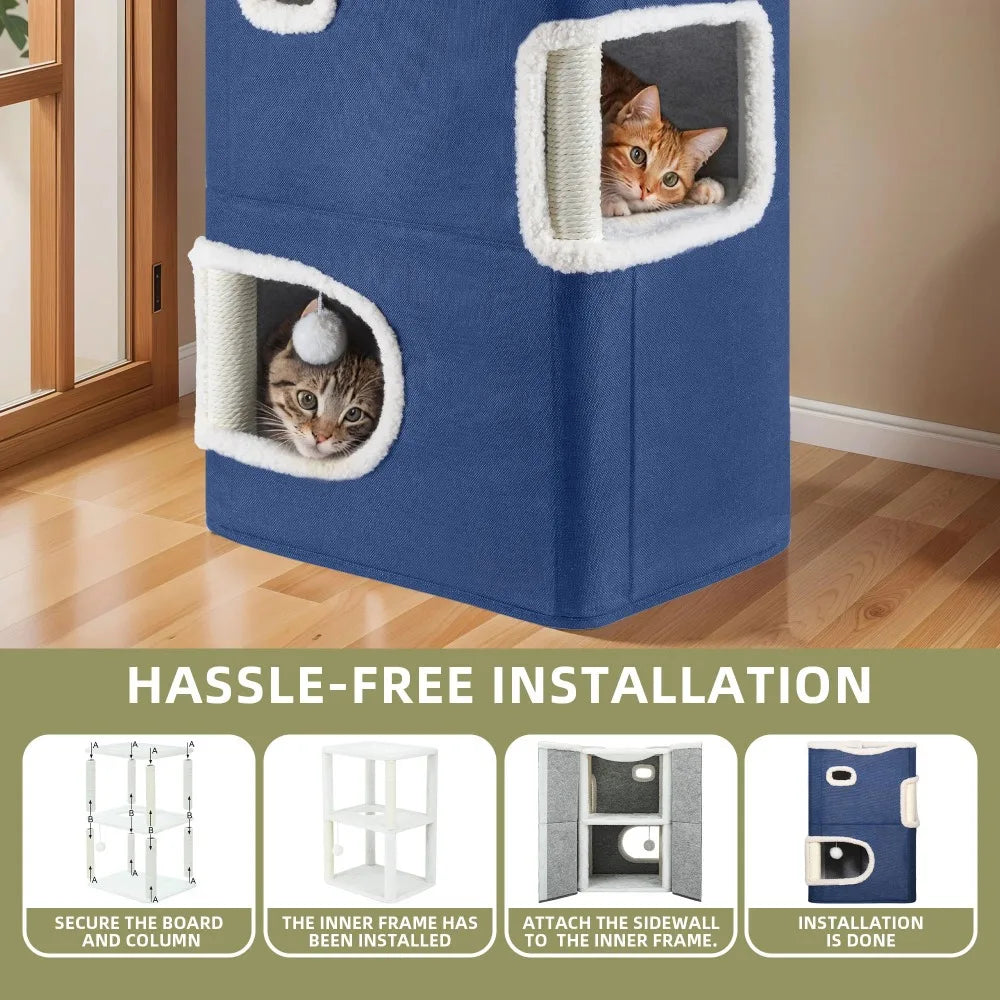 2-Level Plush Cat Condo with Cooling Mat & Soft Fleece Top, Multiple Scratching Posts, Cozy Hideout Cave, Blue Pet Furniture