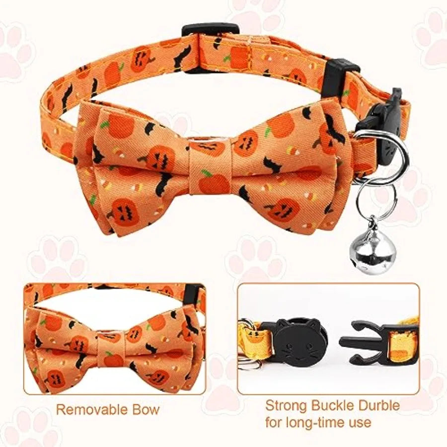 2pcs Halloweedjustable Cat Collar with Bow Printed Pumpkin Bats Pattern Breakaway with Silver Bell Cute Collar for Kitten Puppy