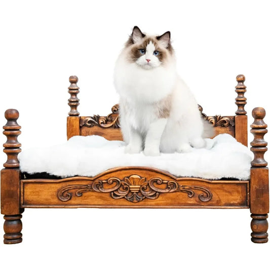 Retro Style White Wooden Cat and Dog Bed with Non-Slip Bottom, 25.1 x 21.6 Inches
