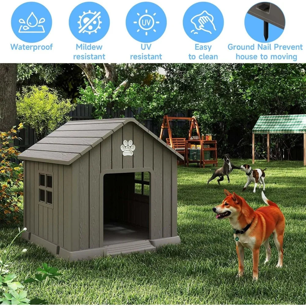 Dog House Outdoor Indoor,Dog Kennel Weatherproof Resin Shelter with Air Vents and Elevated Floor for Small Medium Large Dogs,Eas
