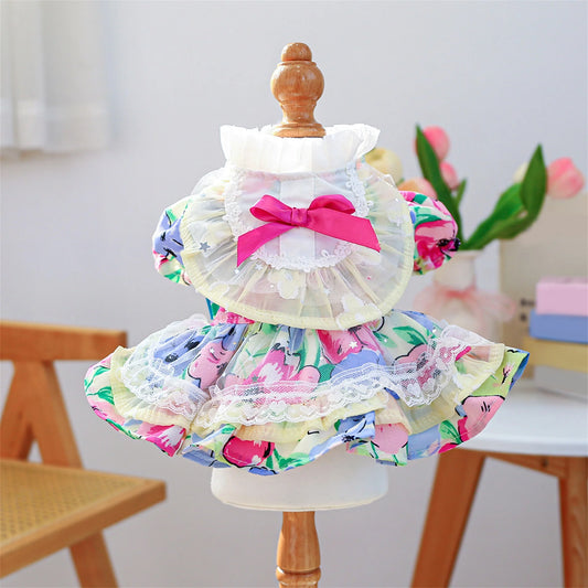 Elegant Floral Lace Embroidered Pet Dress with Bubble Sleeves and Bow Detail - Stylish Princess Dog Costume