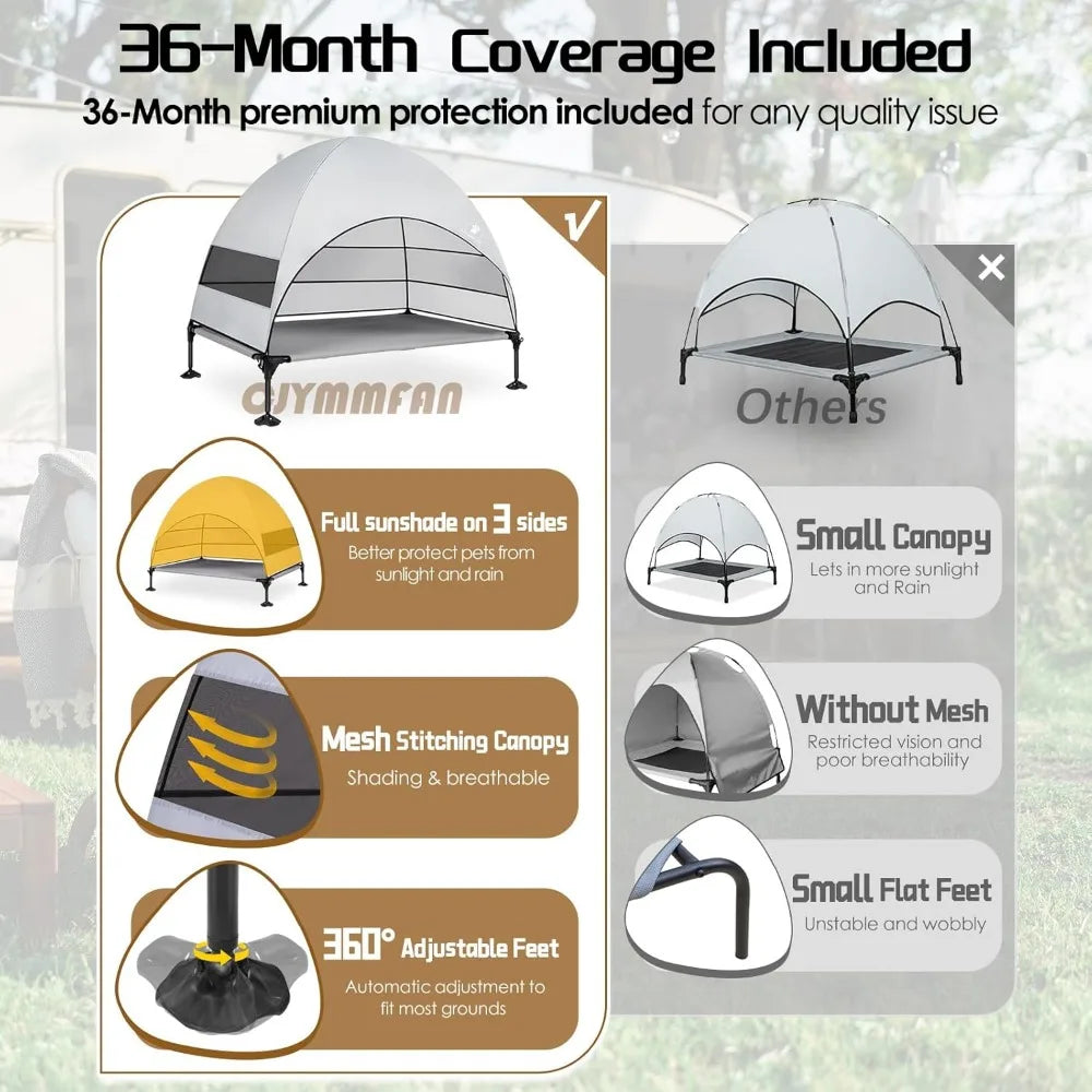 Elevated Dog Bed with Upgraded Canopy, Raised Outdoor Dog Tent with Powerful Anti-Slip Feet, Portable Pet Cot with Larger Shade,