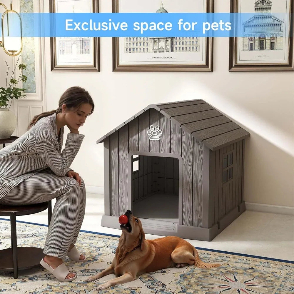 Dog House Outdoor Indoor,Dog Kennel Weatherproof Resin Shelter with Air Vents and Elevated Floor for Small Medium Large Dogs,Eas