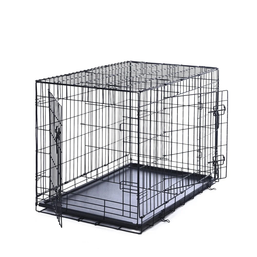36inch Double-Door Foldable Metal Dog Crate with Tray Divider Heavy-Duty Wire Kennel Large Dogs Easy Assembly Transport