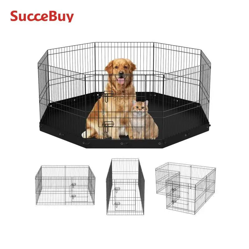 SucceBuy Dog Playpen 8 Panels Foldable Metal Dog Exercise Pet Fence with Bottom Pad Cover for Puppy Outdoor Camping Yard Kennel