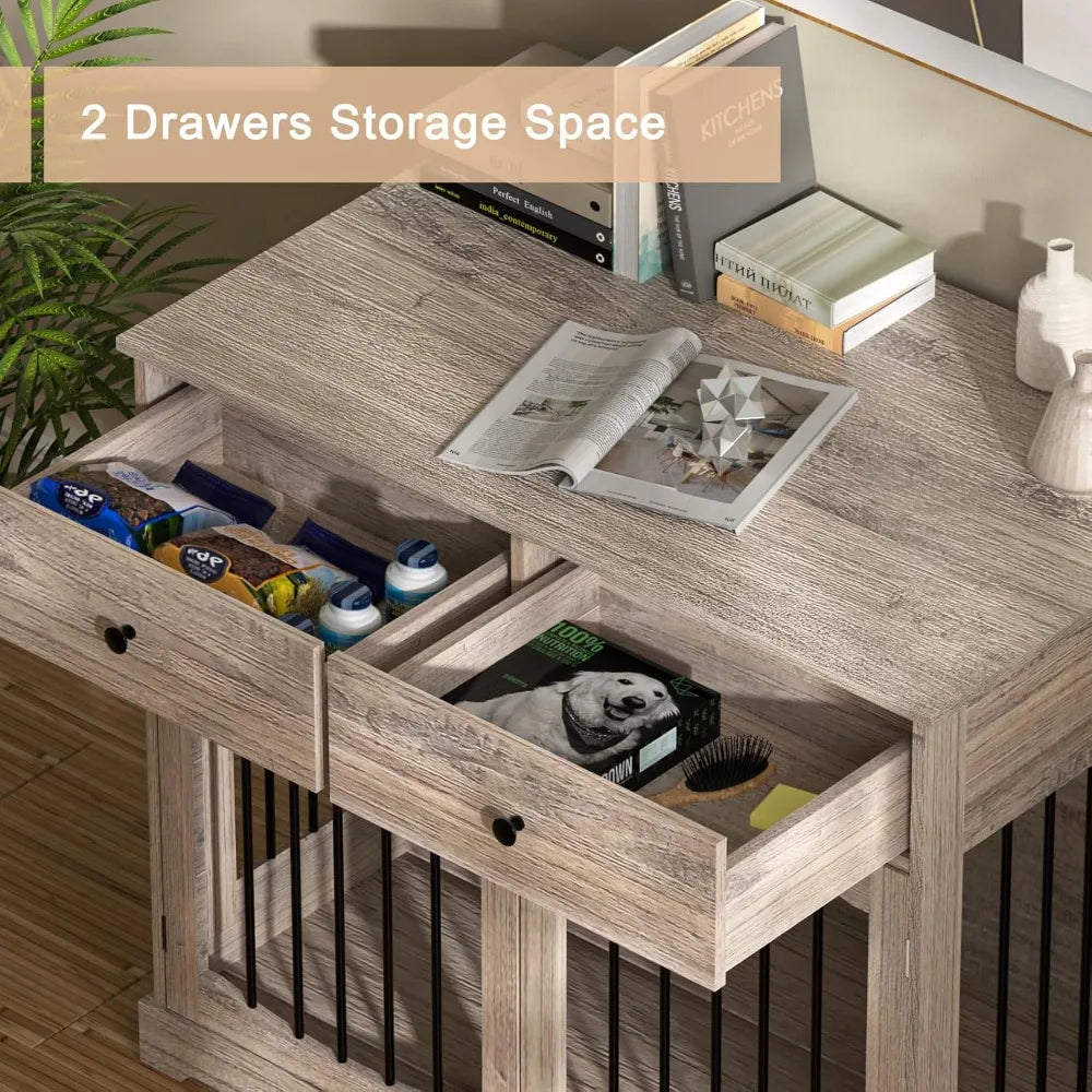 Dog Crate Furniture-Farmhouse Dog Kennel with Drawers-End Table Wooden Pet Crate, Double Door Design,Decorative Dog House Indoor