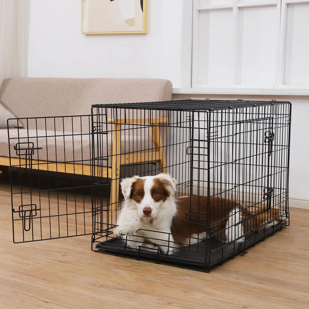 36inch Double-Door Foldable Metal Dog Crate with Tray Divider Heavy-Duty Wire Kennel Large Dogs Easy Assembly Transport