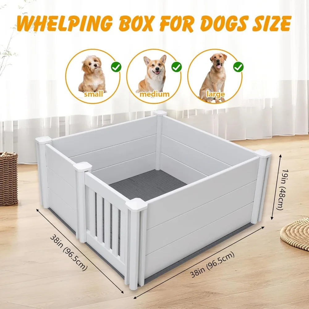 Whelping Box for Dogs,38 × 38 ×19in Whelping Box for Puppies with Adjustable Height Door,PVC Puppy Playpen,Puppy Whelping Suppli