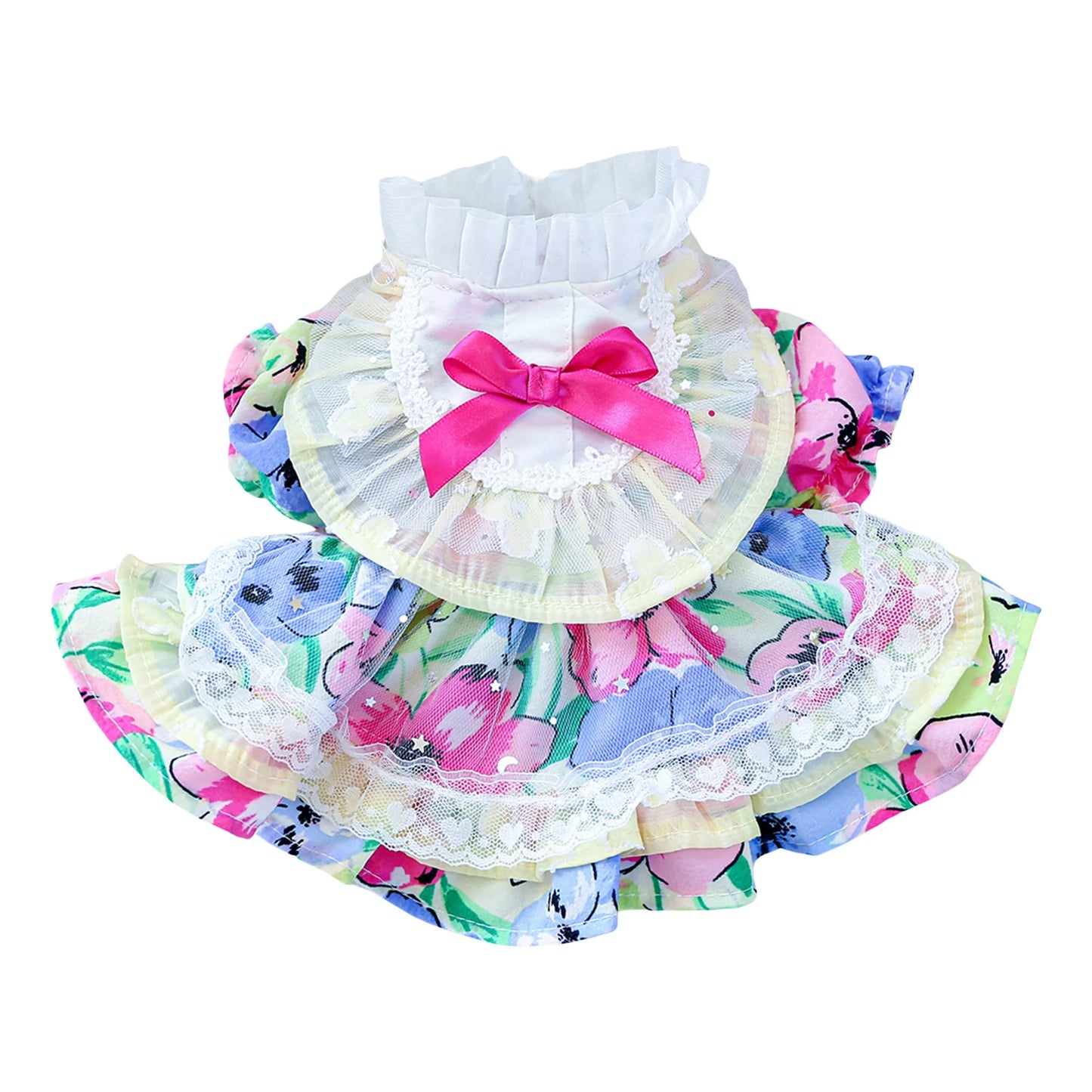 Elegant Floral Lace Embroidered Pet Dress with Bubble Sleeves and Bow Detail - Stylish Princess Dog Costume
