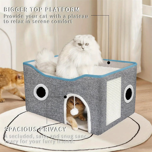 Extra-Wide Cat House for Indoor Cats - Large Cat Cave for Pet Cat House with Fluffy Ball Hanging and Scratch Pad, Foldable Cat