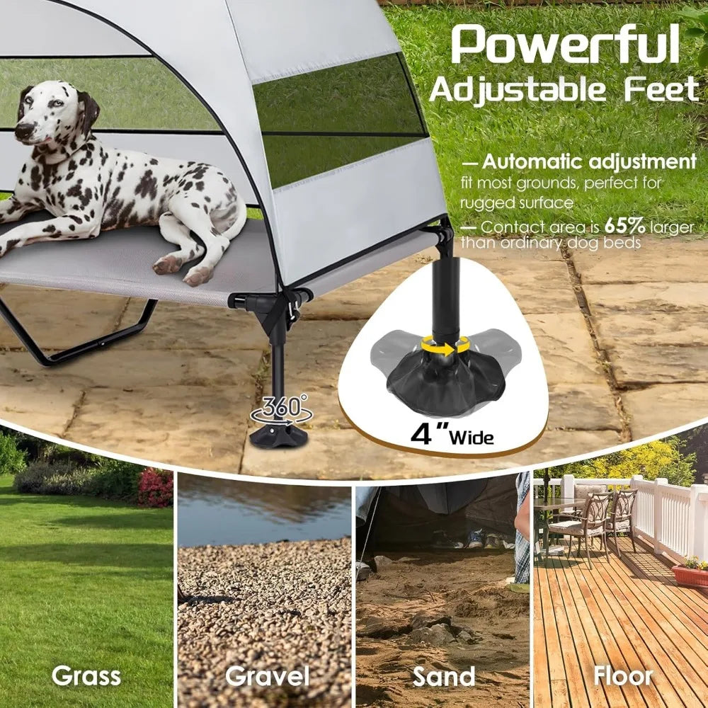 Elevated Dog Bed with Upgraded Canopy, Raised Outdoor Dog Tent with Powerful Anti-Slip Feet, Portable Pet Cot with Larger Shade,