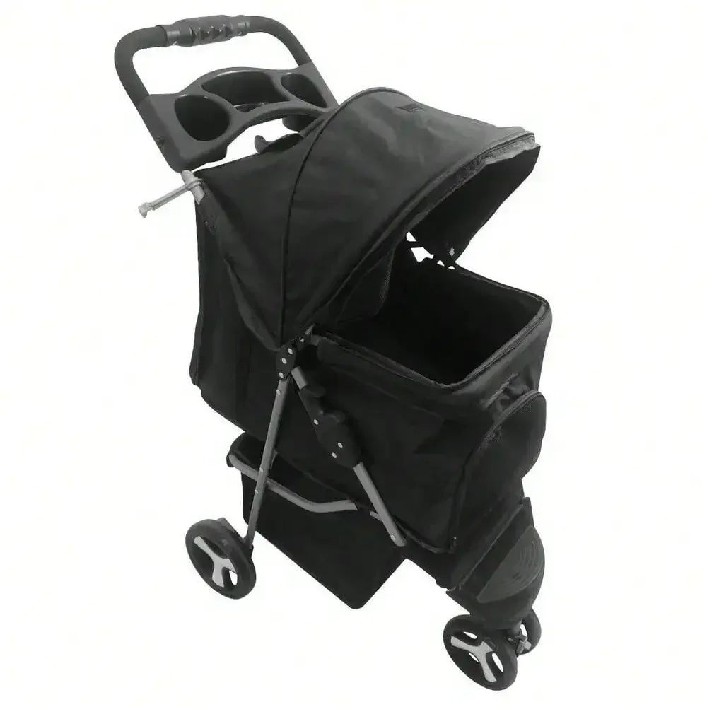 Foldable Pet Stroller 3 Wheels for Dogs Strolling Cart Carrier W/Storage Basket