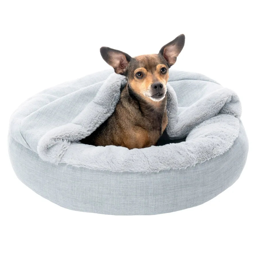 Plush Performance Linen Hooded Donut Pet Bed for Dogs Cats Mist Gray Extra Small 20 Ideal for Cozy Resting Spaces in Living Roo