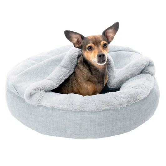 Plush Performance Linen Hooded Donut Pet Bed for Dogs Cats Mist Gray Extra Small 20 Ideal for Cozy Resting Spaces in Living Roo