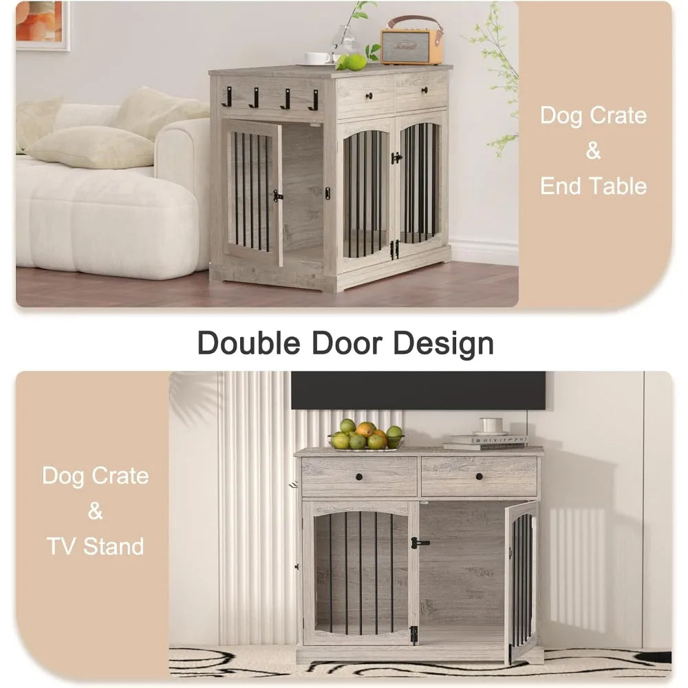 Dog Crate Furniture-Farmhouse Dog Kennel with Drawers-End Table Wooden Pet Crate, Double Door Design,Decorative Dog House Indoor