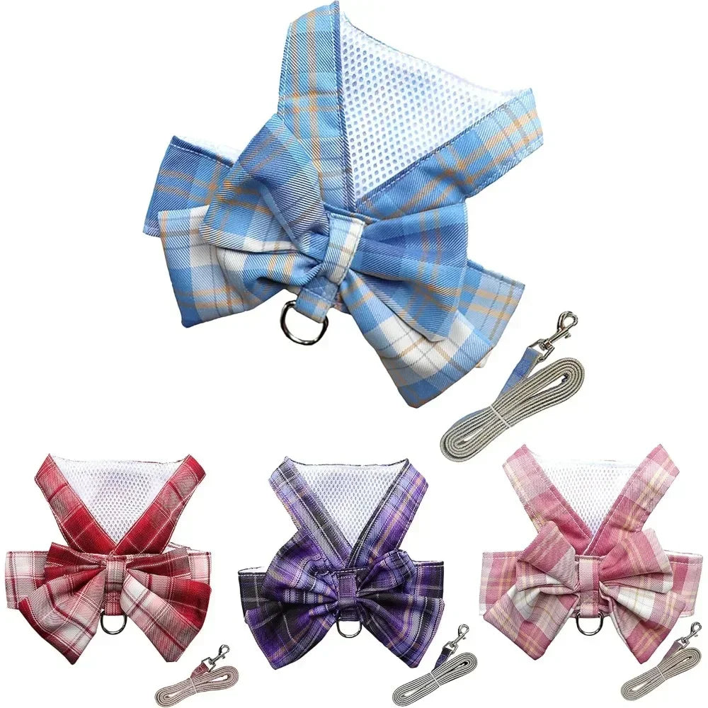 Plaid Dog Dress Bow Tie Harness Leash Set,Dog Clothes Harness Dress with Leash Ring for Small Dogs Girl, Puppy Princess Rabbit C