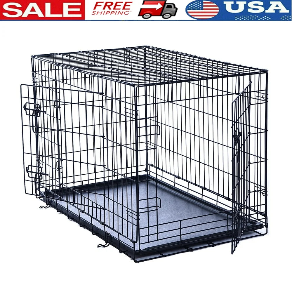 36inch Double-Door Foldable Metal Dog Crate with Tray Divider Heavy-Duty Wire Kennel Large Dogs Easy Assembly Transport