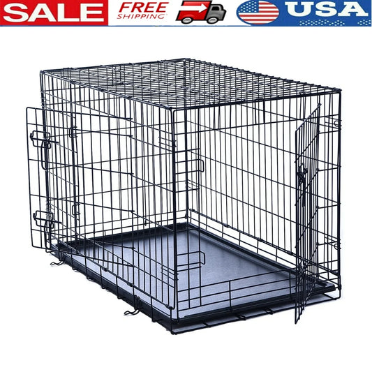 36inch Double-Door Foldable Metal Dog Crate with Tray Divider Heavy-Duty Wire Kennel Large Dogs Easy Assembly Transport
