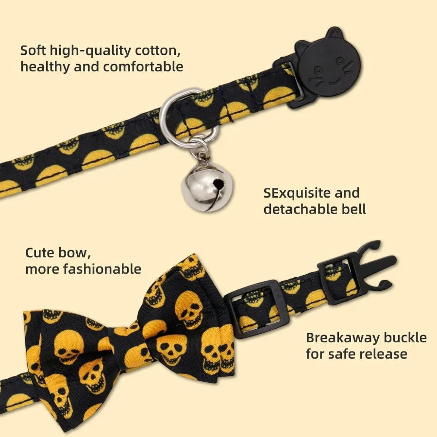 Skull Cat Collar with Bell Adjustable Breakaway Cat Bowtie Collor 7.810.2 Cute Elastic Strap for Kittens Cats and Small Puppies