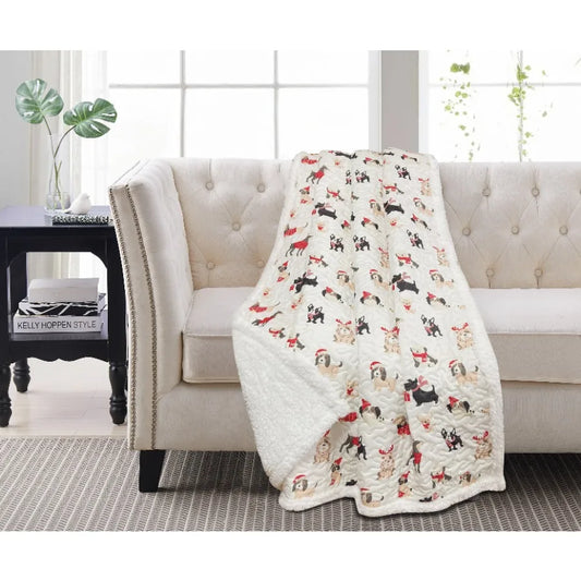 Cozy Holiday Puppies Sherpa Throw Blanket for Living Room Sofa or Bed Soft Warm Fleece with Festive Design Perfect for Winter E