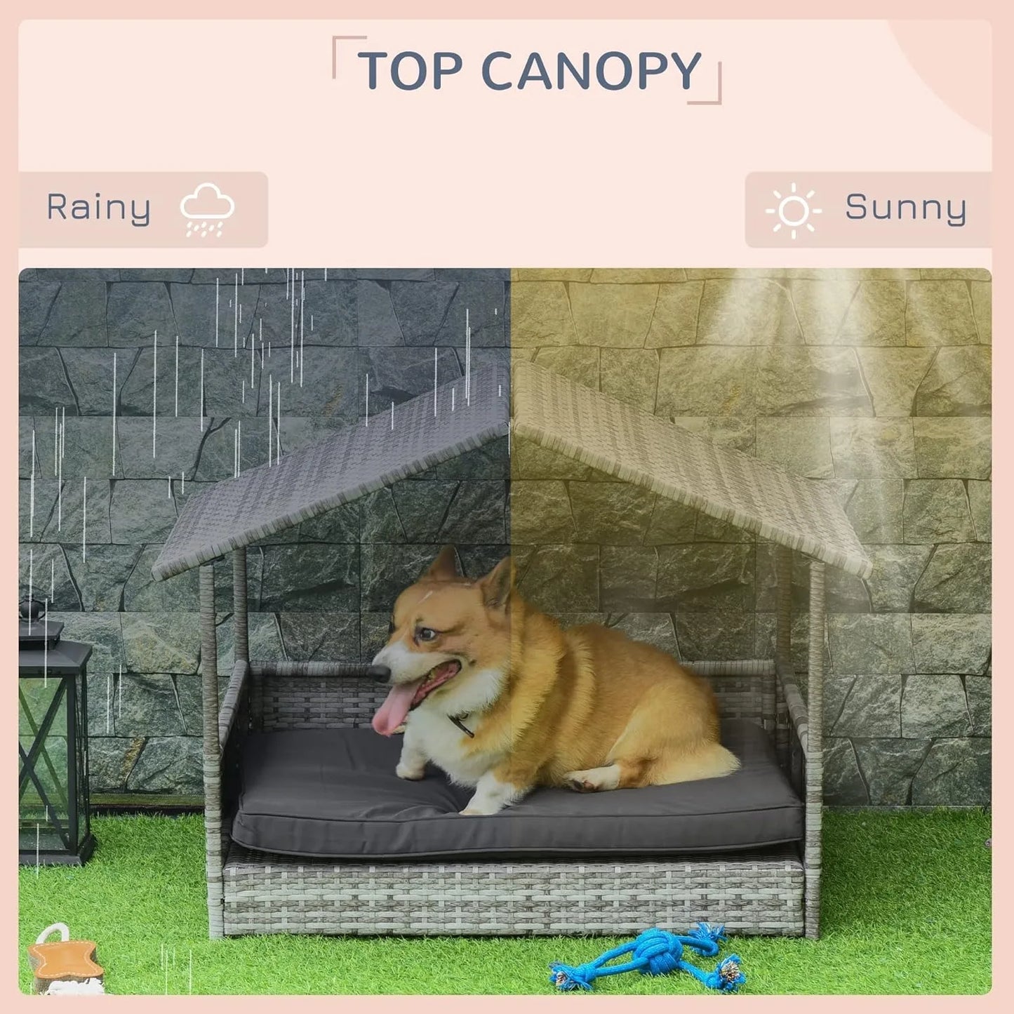 Wicker Dog House Outdoor with Canopy, Rattan Dog Bed with Water-Resistant Cushion, Raised Dog Bed for Small, Medium Dogs