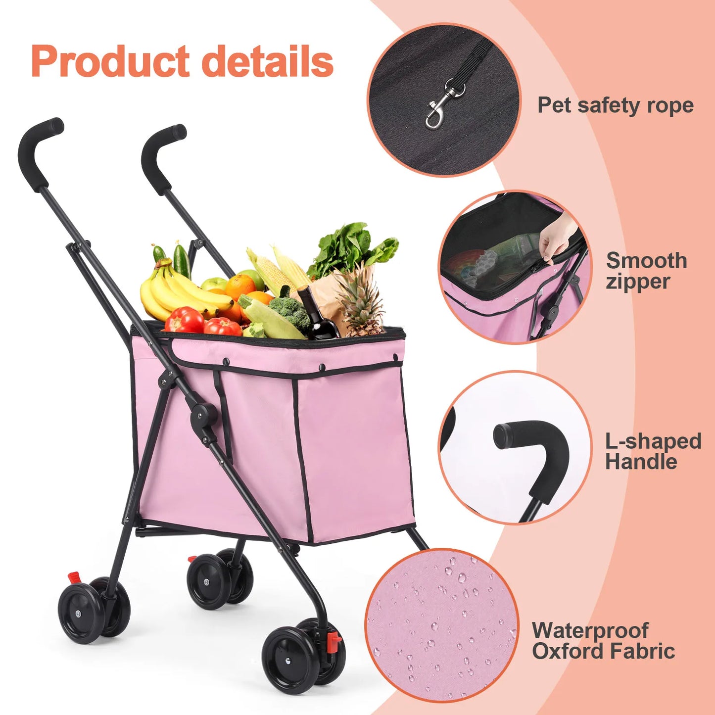 Wedyvko Shopping Trolley 33lbs 4 Wheels Dog Stroller Rotate Pink Pet Puppy StrollerTravel Hand Cart Folding einkaufswagen